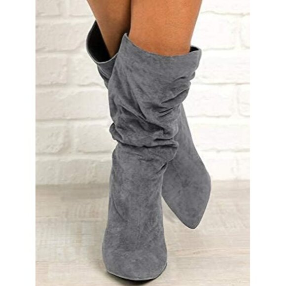 Women's Grey Suede Mid Calf High Slouchy Chunky Heel Block Pointed Toe Boots - Picture 2 of 7